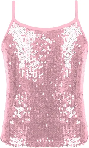 YiZYiF Youth Kids Girls Dance Fashion Spaghetti Straps Tank Tee Metallic Shiny Party Camisole Vest Tops