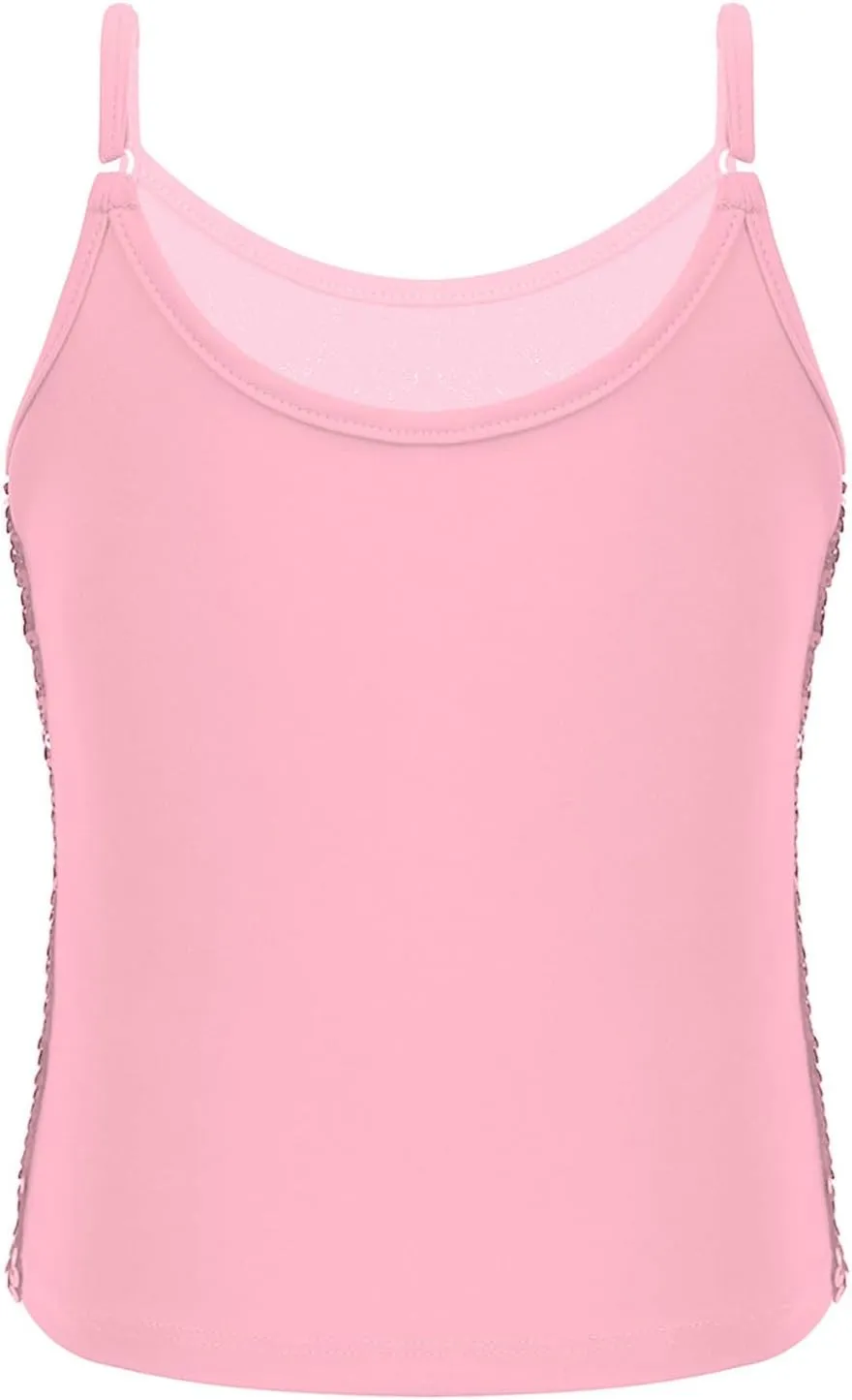 YiZYiF Youth Kids Girls Dance Fashion Spaghetti Straps Tank Tee Metallic Shiny Party Camisole Vest Tops