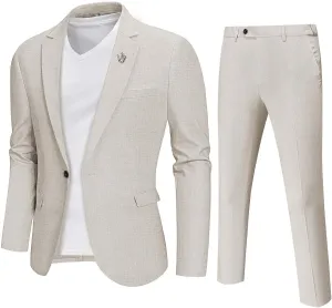 YND Men's 2 Piece Casual Linen Suit Set, Regular Fit Lightweight Blazer Jacket and Pants for Wedding, Business, Party