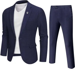 YND Men's 2 Piece Casual Linen Suit Set, Regular Fit Lightweight Blazer Jacket and Pants for Wedding, Business, Party