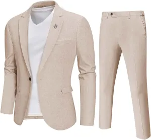 YND Men's 2 Piece Casual Linen Suit Set, Regular Fit Lightweight Blazer Jacket and Pants for Wedding, Business, Party