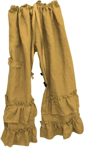 YOLAI Women Solid Cotton Linen Folds Trousers Casual Ruffled Loose Pants Drawstring Cropped Summer Beach Trousers