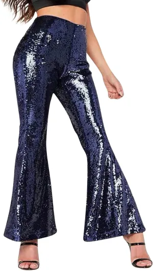 YOLAI Women's Sexy Sequined Shiny Flare Pants High Waist Stretch Bell Bottoms Pants Nightclub Party Trousers