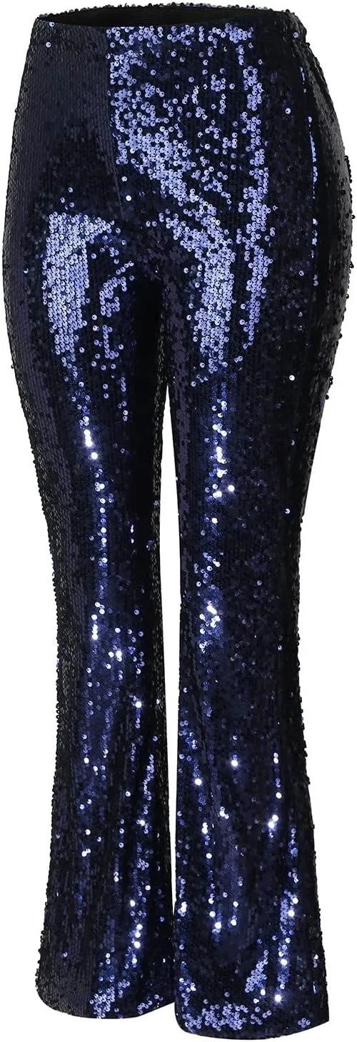 YOLAI Women's Sexy Sequined Shiny Flare Pants High Waist Stretch Bell Bottoms Pants Nightclub Party Trousers