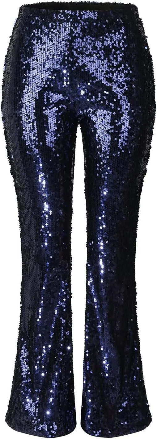 YOLAI Women's Sexy Sequined Shiny Flare Pants High Waist Stretch Bell Bottoms Pants Nightclub Party Trousers