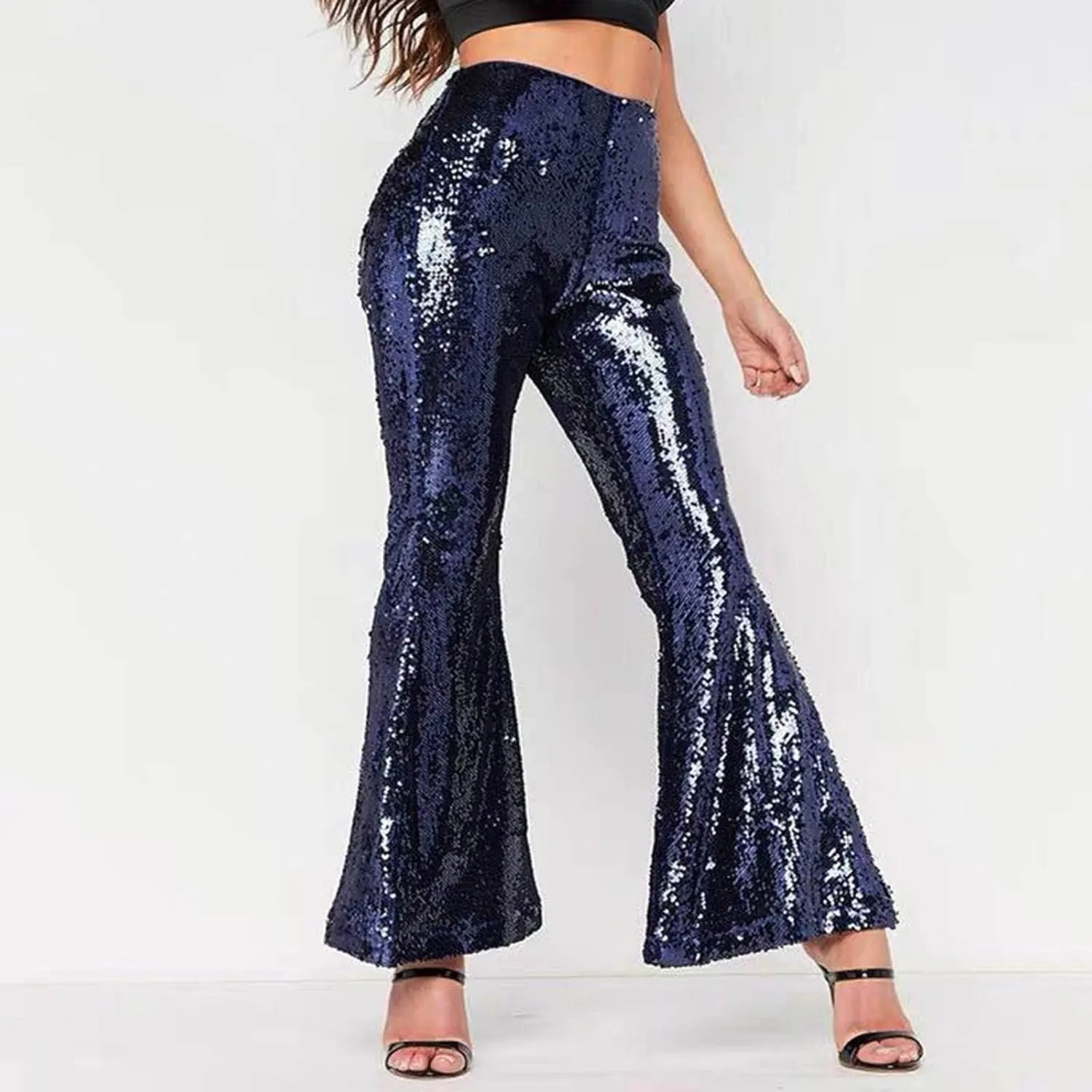 YOLAI Women's Sexy Sequined Shiny Flare Pants High Waist Stretch Bell Bottoms Pants Nightclub Party Trousers