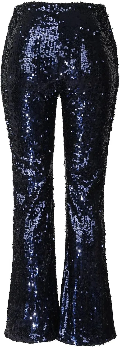 YOLAI Women's Sexy Sequined Shiny Flare Pants High Waist Stretch Bell Bottoms Pants Nightclub Party Trousers