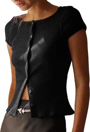 ZAFUL Women's Short Sleeve Shirt Crew Neck Button Down Cardigan T-Shirt Slim Fit Y2K Going Out Casual Fashion Tops