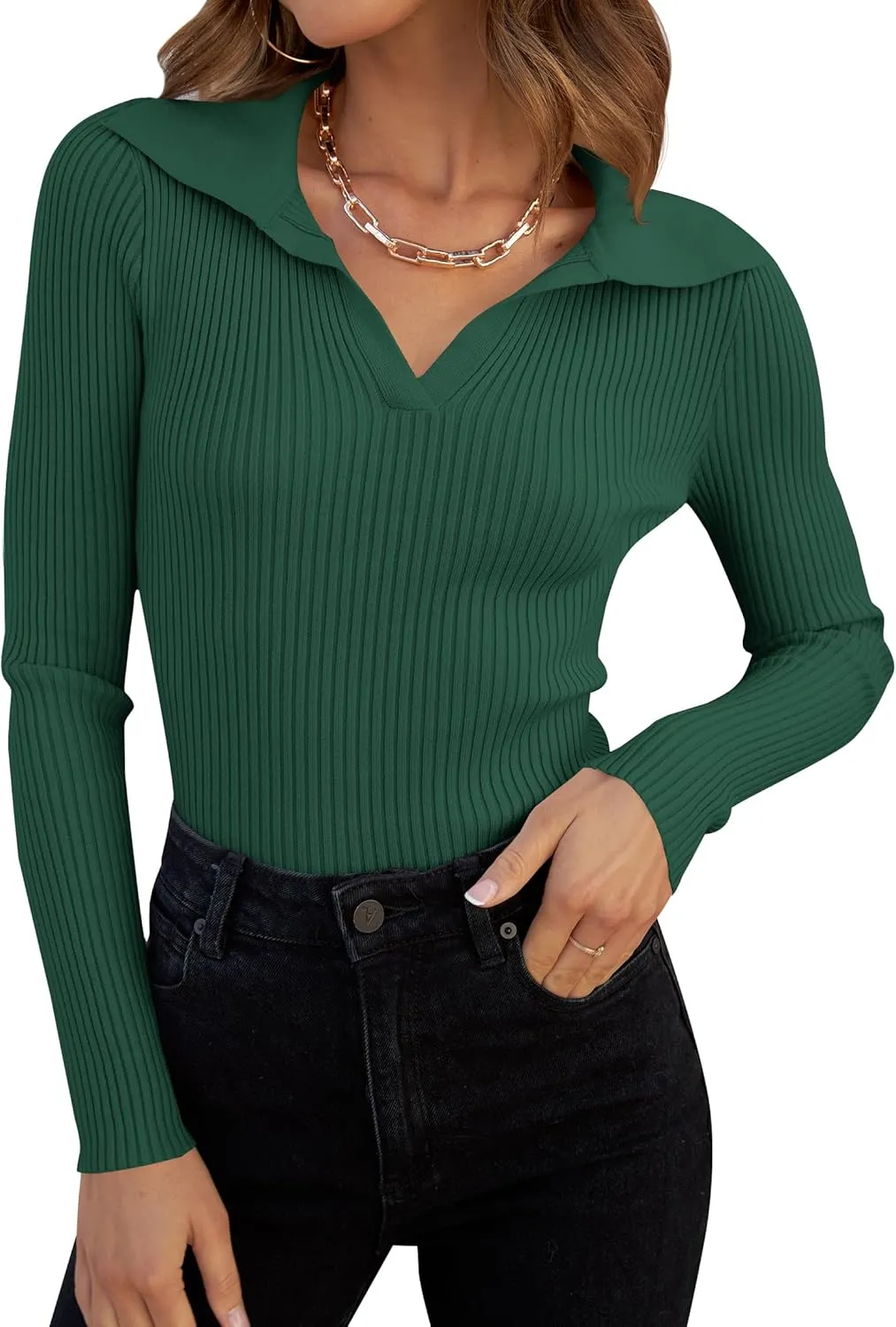 ZESICA Sweaters for Women Spring Long Sleeve V Neck Ribbed Knit Pullover Tops Casual Slim Fit Basic Tee Shirts