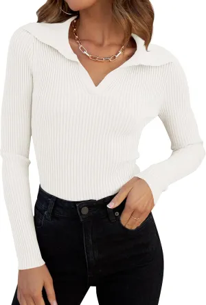 ZESICA Sweaters for Women Spring Long Sleeve V Neck Ribbed Knit Pullover Tops Casual Slim Fit Basic Tee Shirts