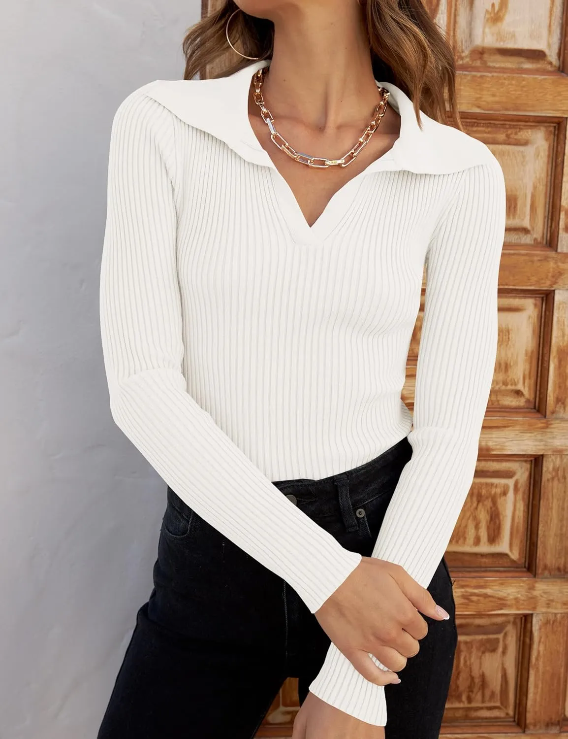 ZESICA Sweaters for Women Spring Long Sleeve V Neck Ribbed Knit Pullover Tops Casual Slim Fit Basic Tee Shirts