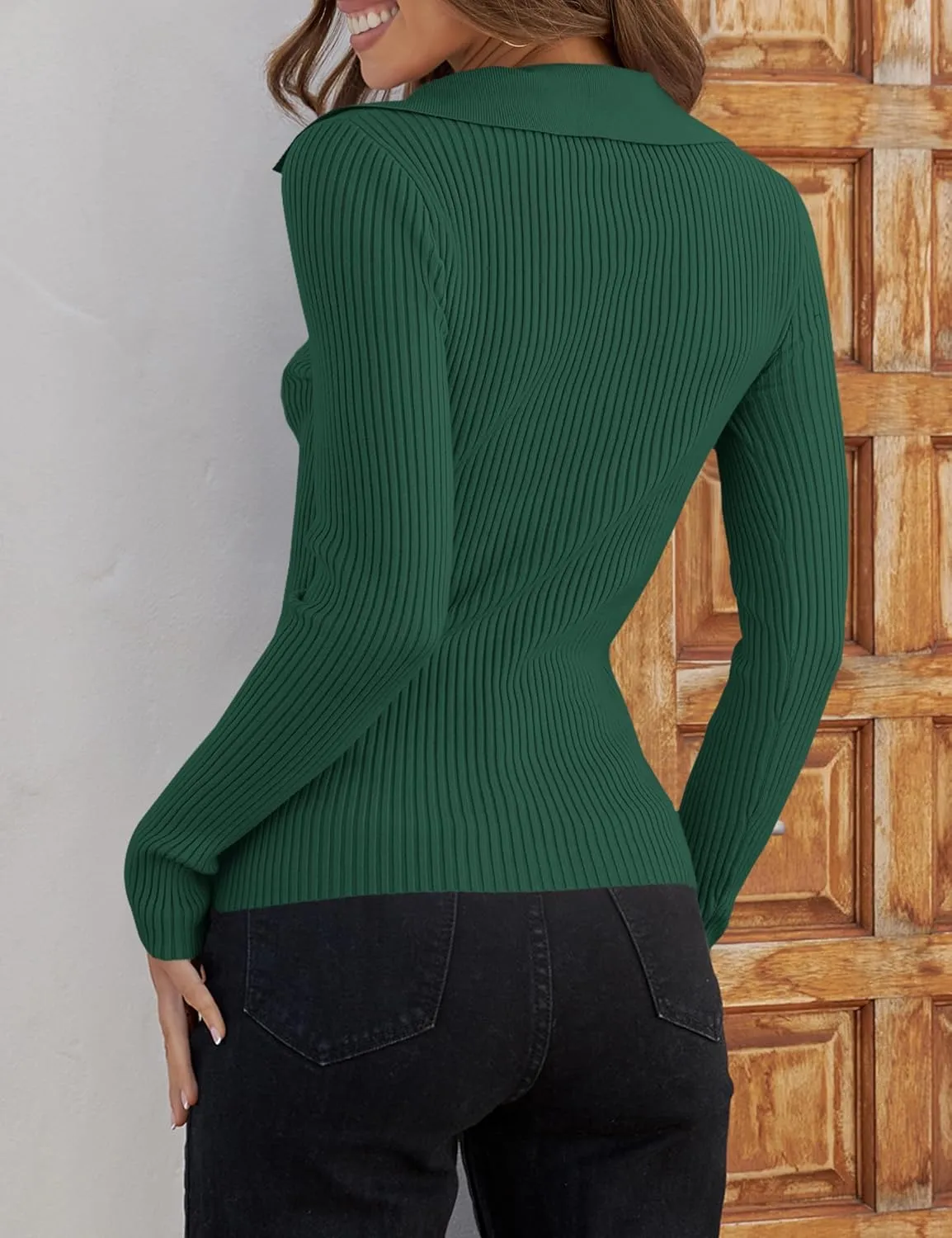 ZESICA Sweaters for Women Spring Long Sleeve V Neck Ribbed Knit Pullover Tops Casual Slim Fit Basic Tee Shirts