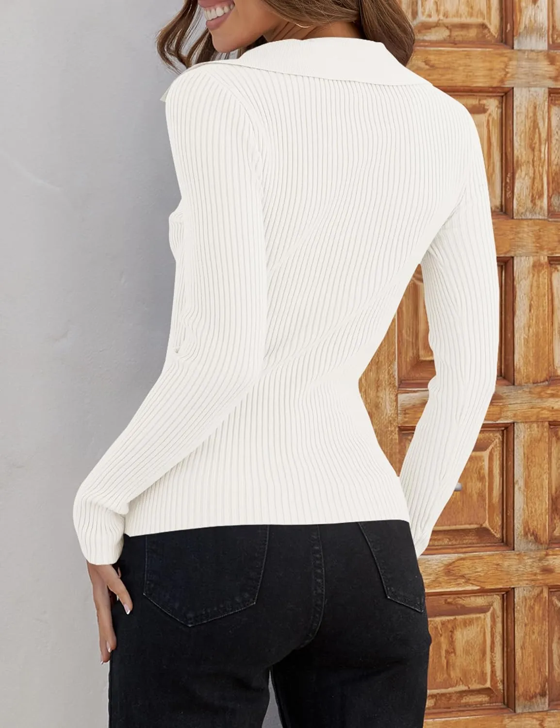 ZESICA Sweaters for Women Spring Long Sleeve V Neck Ribbed Knit Pullover Tops Casual Slim Fit Basic Tee Shirts