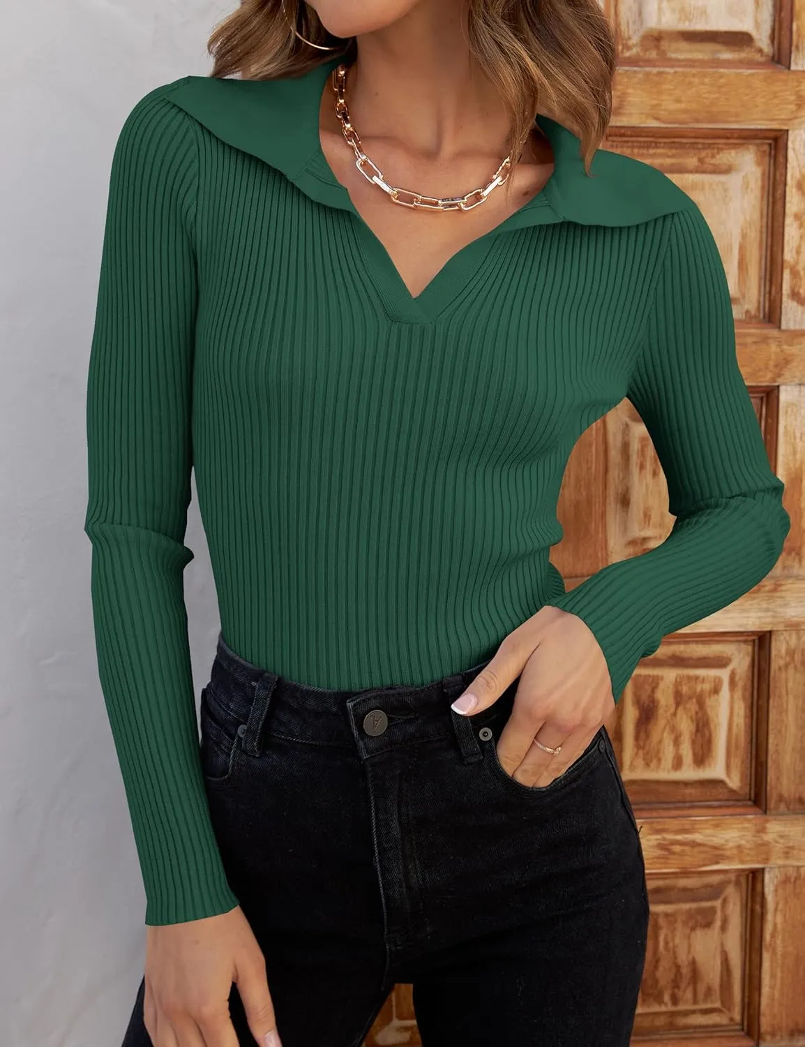 ZESICA Sweaters for Women Spring Long Sleeve V Neck Ribbed Knit Pullover Tops Casual Slim Fit Basic Tee Shirts