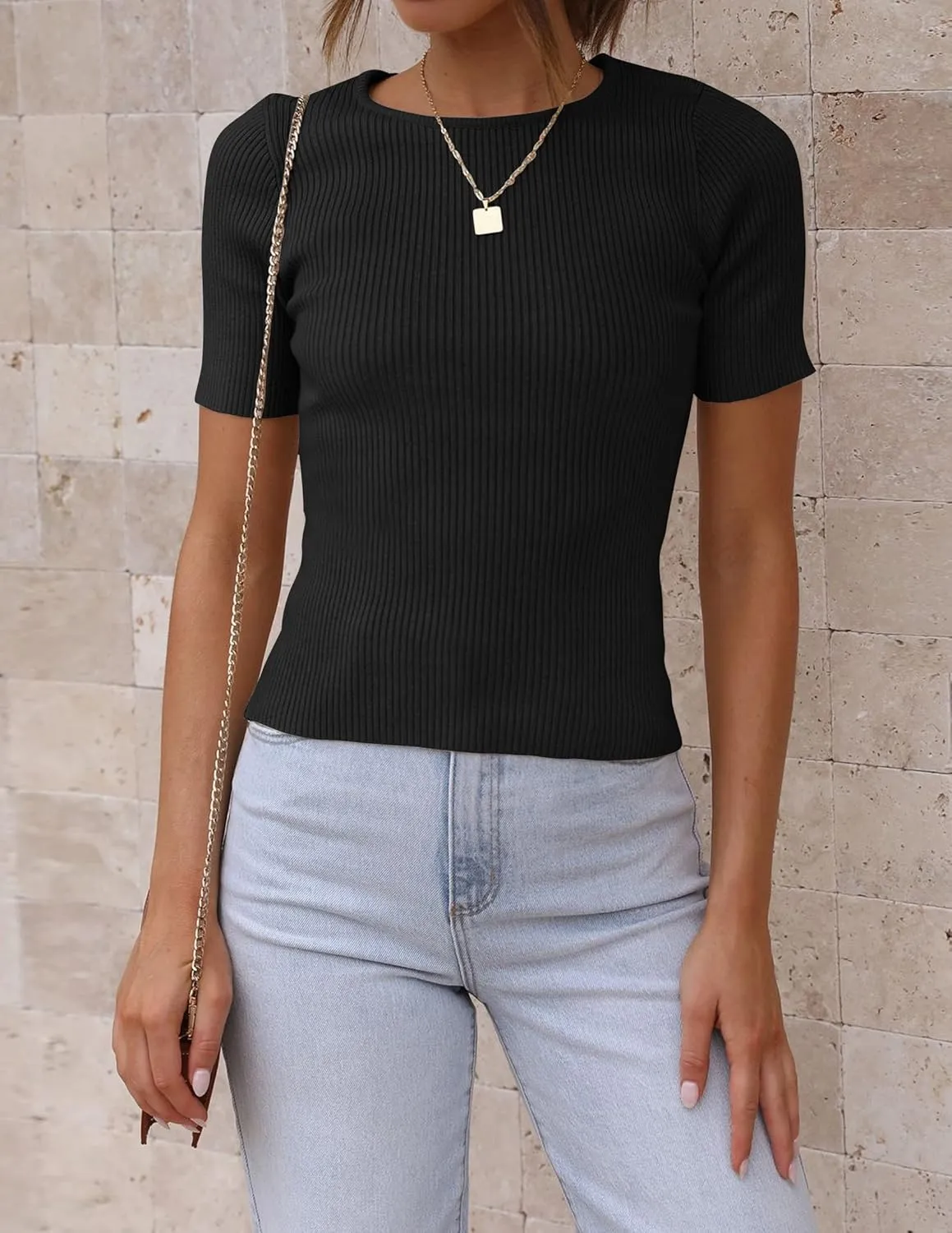 ZESICA Women's Short Sleeve Sweater Tops 2025 Summer Crewneck T Shirt Ribbed Knit Slim Fit Basic Solid Color Tee