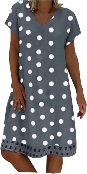 ZYXTIM Summer Beach Dress for Women V Neck Short Sleeve Polka Dot Loose Cute Print Boho Vacation Sundress