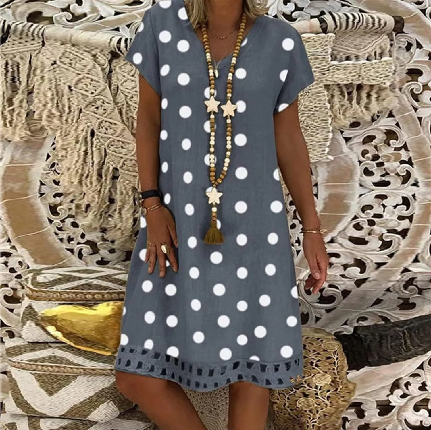 ZYXTIM Summer Beach Dress for Women V Neck Short Sleeve Polka Dot Loose Cute Print Boho Vacation Sundress