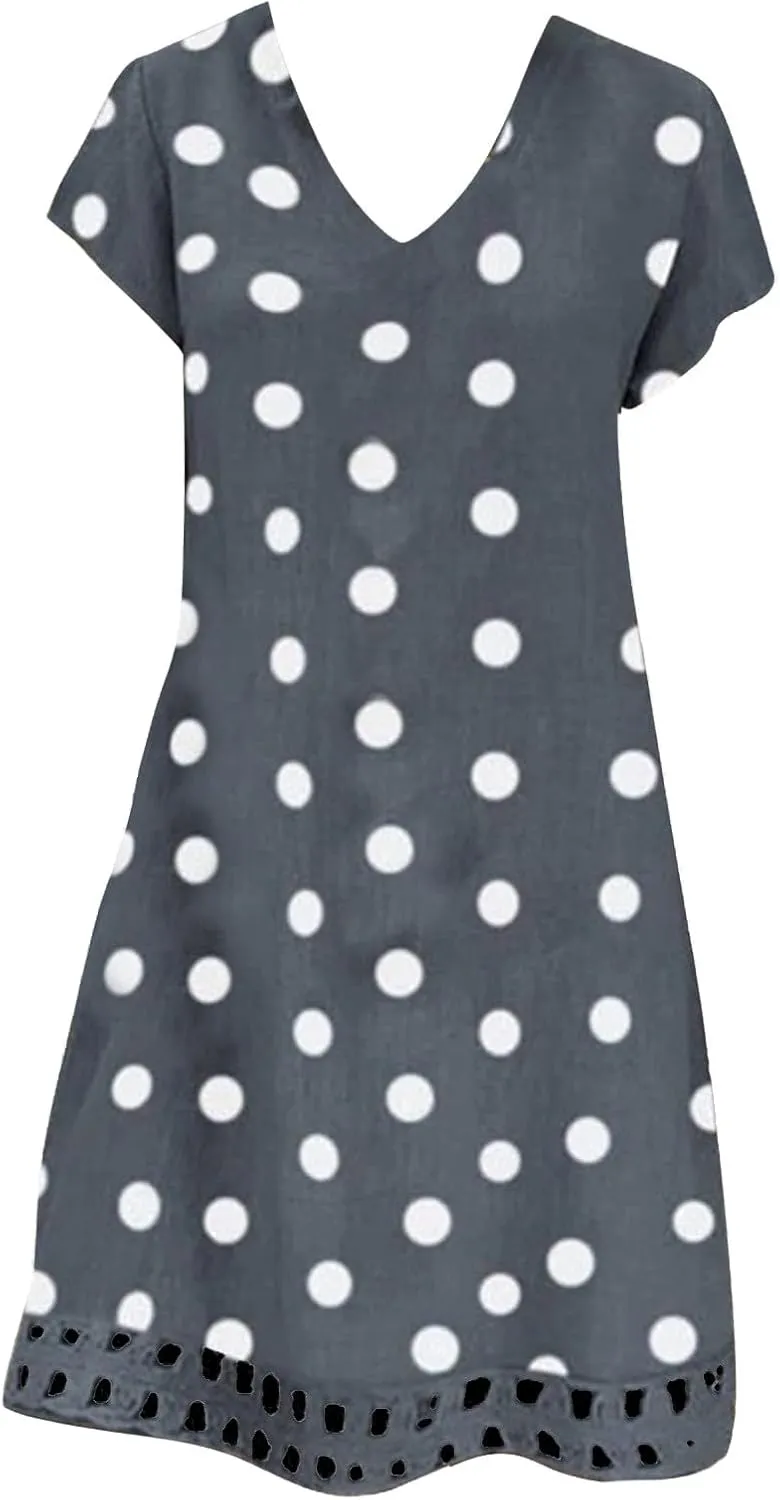 ZYXTIM Summer Beach Dress for Women V Neck Short Sleeve Polka Dot Loose Cute Print Boho Vacation Sundress