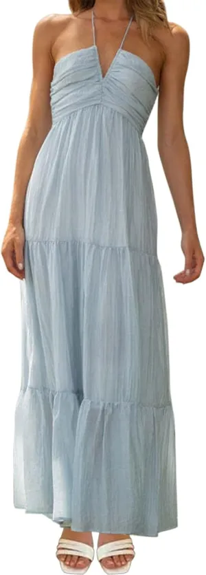 ZYXTIM Women's 2024 Summer Halter Smocked Midi Dress V Neck Ruffle Tiered Swing Flowy Beach Sundress Boho Long Floral Dress
